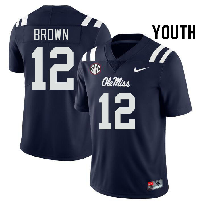 Youth #12 Bralon Brown Ole Miss Rebels College Football Jerseyes Stitched Sale-Navy